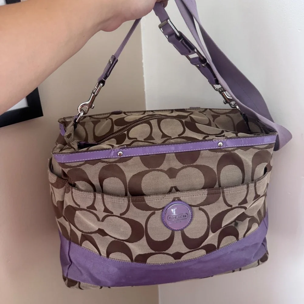 Coach Signature Brown Canvas Purple Trim Diaper Bag Tote F17443